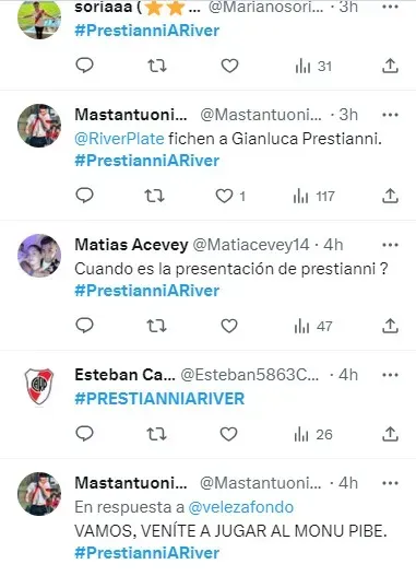 Parte de los mensajes de los hinchas de River en Twitter pidiendo por Prestianni (Captura)