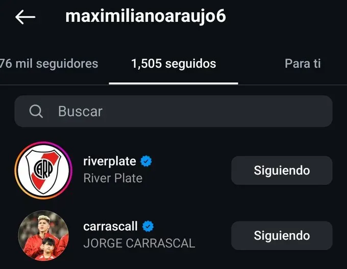 Maxi Araújo comenzó a seguir al club millonario en Instagram. (captura de pantalla)