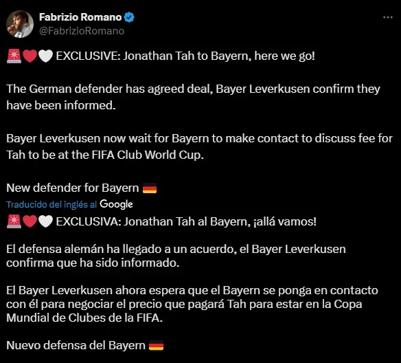 Jonathan Tah jugará en el Bayern Múnich (Foto: X).