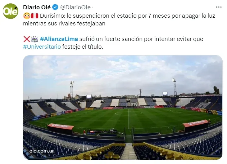 El mundo se enteró de la sanción al estadio de Alianza Lima. (Foto: Cuenta X Diario Olé)