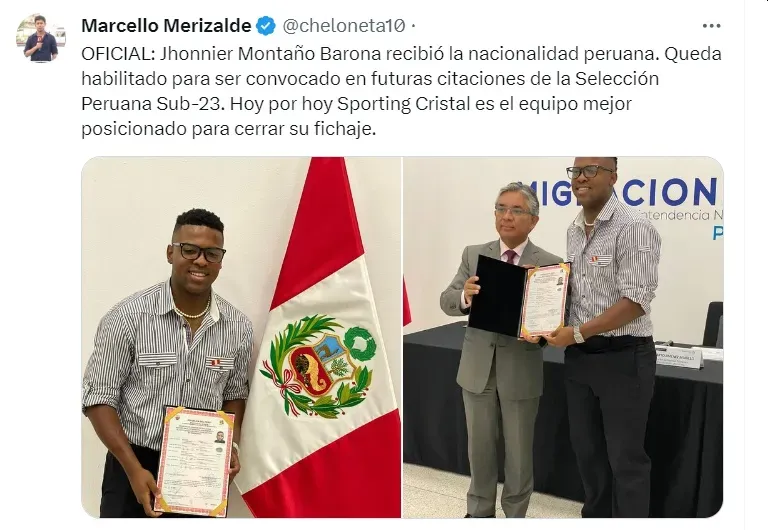 Jhonnier Montaño Jr. ya es peruano y podría jugar en Sporting Cristal. | Créditos: Twitter @cheloneta10.