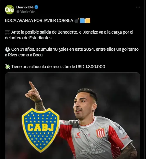 Olé afirma que Boca Juniors va por Javier Correa.