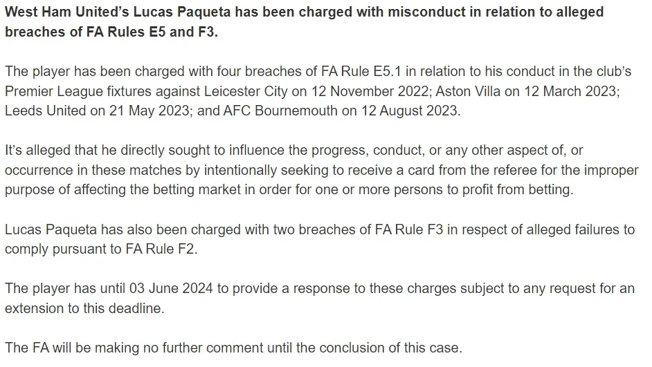 The FA’s statement on Paqueta being charged in May 2024