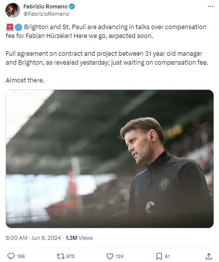 Fabrizio Romano is reporting that Brighton are on the brink of making Fabian Hurzeler manager.