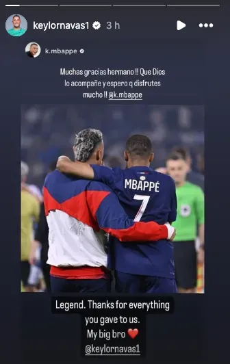 Historia de Kylian Mbappé en Instagram (Foto: Instagram de Keylor Navas)