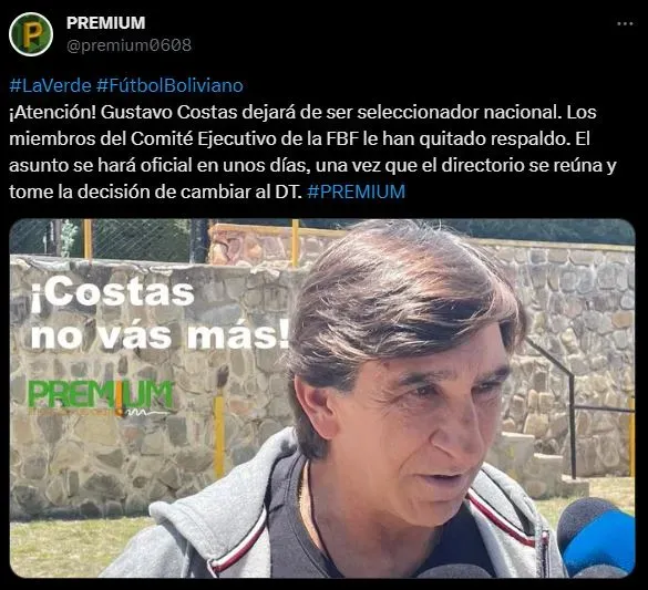 El ciclo de Gustavo Costas está finalizado en Bolivia, señalan. (Fuente: Twitter).