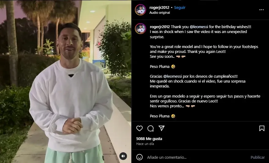 La respuesta del amigo de Thiago a Messi. (Foto: Instagram / @rogerjr2012)