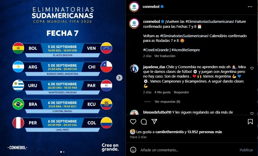 Fecha 7 de Eliminatorias Sudamericanas al Mundial 2026. (Foto: Instagram / @Conmebol)