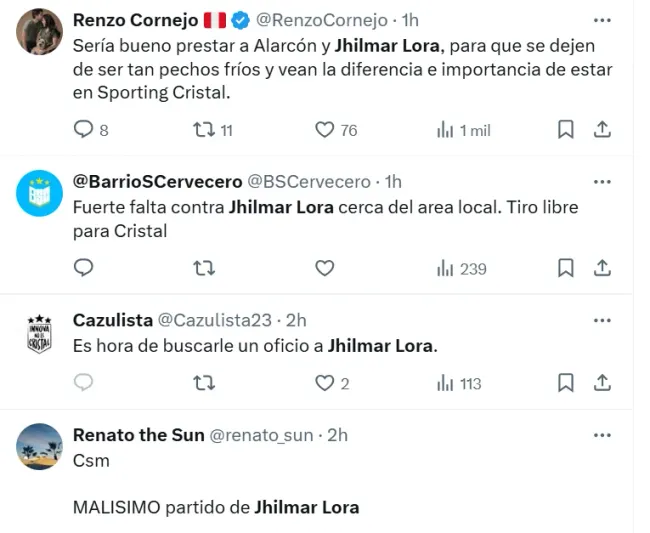 Hinchas de Sporting Cristal criticaron a Jhilmar Lora. (Foto: Captura X)