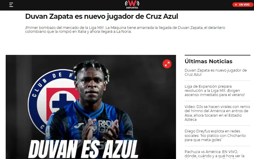 Afirman que Duván Zapata ya es de Cruz Azul. (W Deportes)