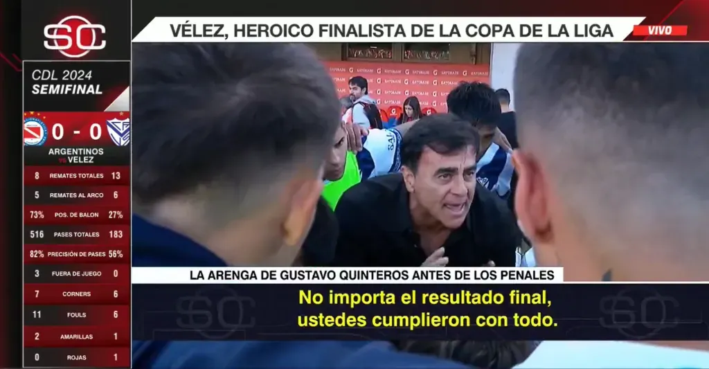 Gustavo Quinteros en su arenga a los jugadores de Vélez Sarsfield. (Captura ESPN).