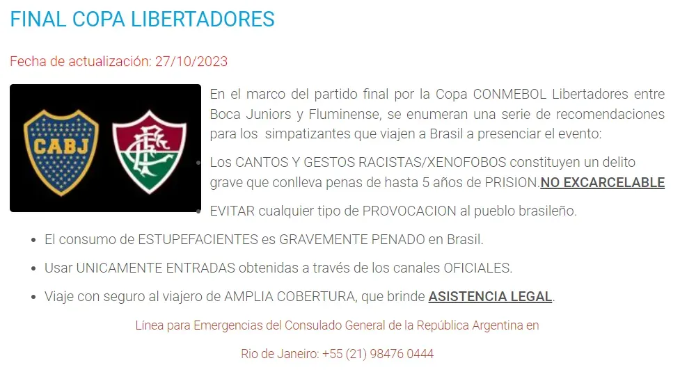 El comunicado del Consulado Argentino dirigido a los hinchas de Boca.