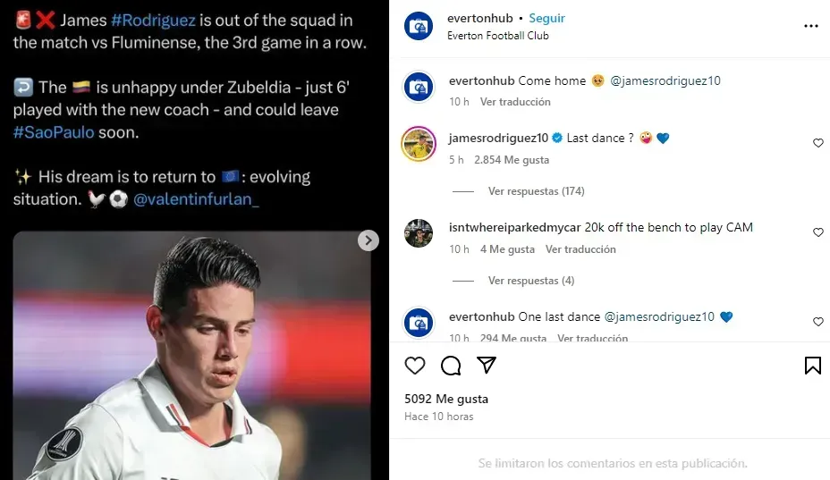 El comentario de James Rodríguez en una cuenta partidaria de Everton.