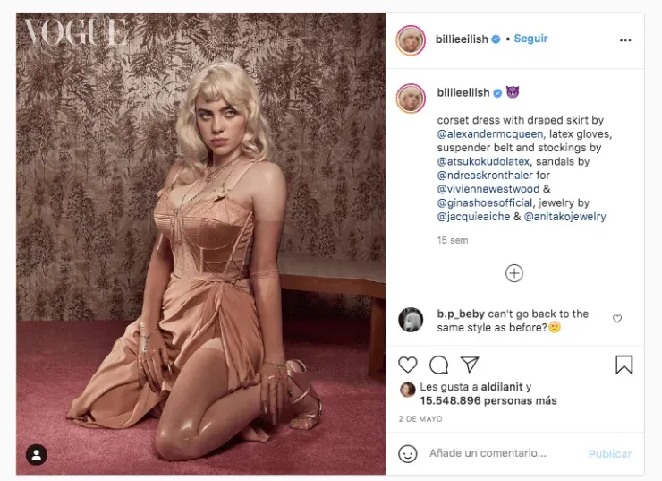 Billie Eilish posando para Vogue (Fuente: Instagram)