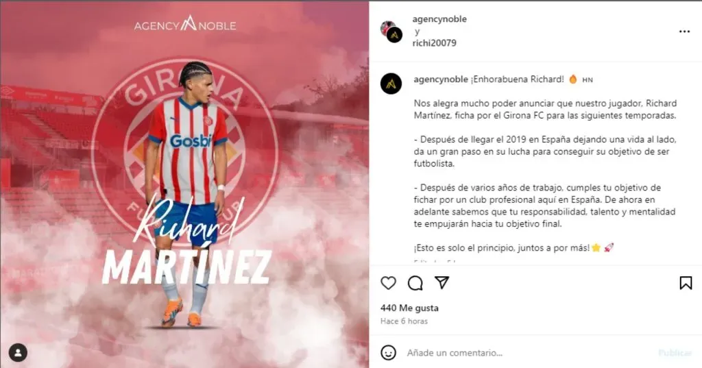 El anuncio del fichaje de Richard Martínez al Girona. (Foto: Instagram)