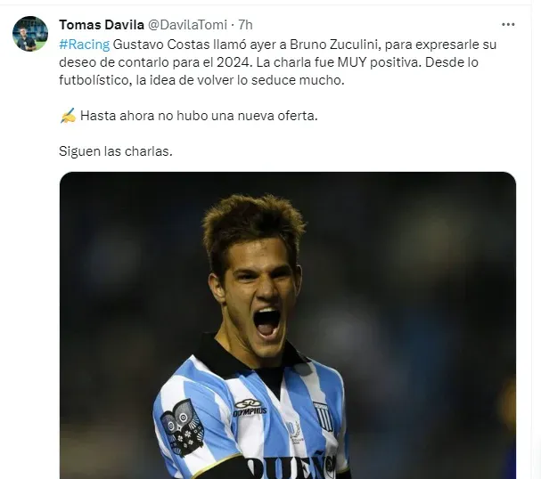 Tuit de Tomás Davila con la información del futuro de Zuculini.