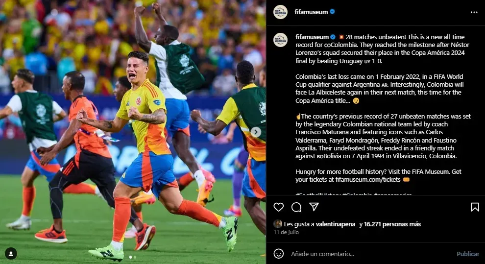 Anuncio sobre la Selección Colombia. (Foto: Instagram / @fifamuseum)