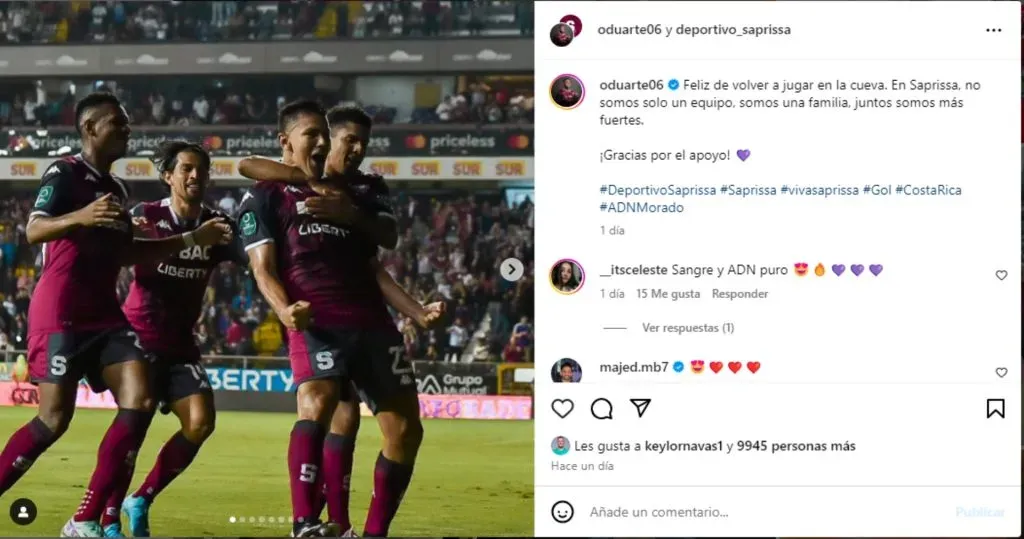 El “me gusta” de Keylor Navas a la publicación de Óscar Duarte.