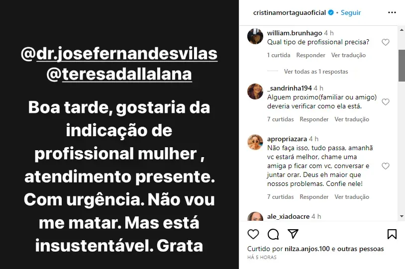 Fãs de Cristina Mortágua se manifestam nos comentários - Foto: Instagram