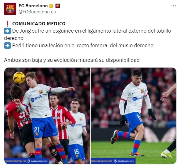 El parte médico que informó el Barcelona sobre Frenkie de Jong y Pedri.