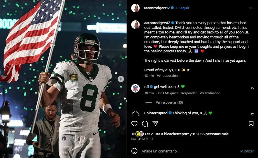 Rodgers habla sobre su lesión (Foto: Instagram / @aaronrodgers12)