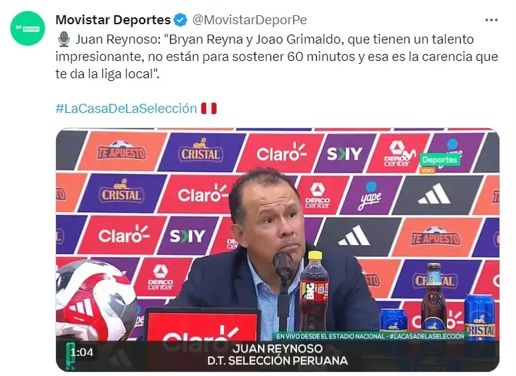Juan Reynoso declarando tras la caída de Perú ante Argentina. | Créditos: Twitter Movistar Deportes.