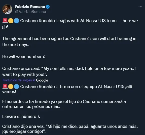 Cristiano Jr. jugará en las juveniles de Al Nassr (Twitter @FabrizioRomano).