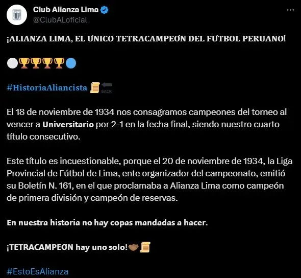 Alianza Lima lanzó publicación sobre tetracampeonato de 1934. (Foto: Twitter).