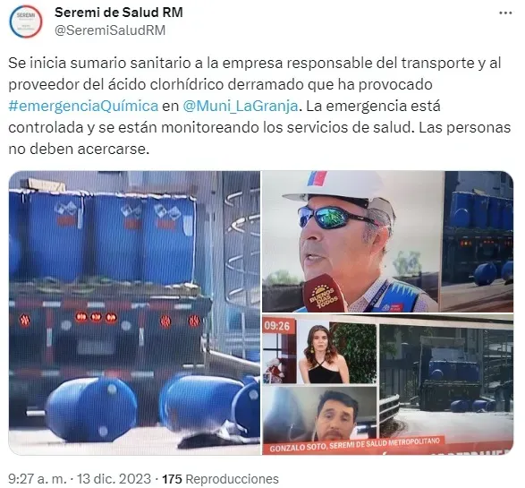 Seremi de Salud de la RM informa sobre la emergencia química en La Granja a través de su cuenta de X (antiguo Twitter)
