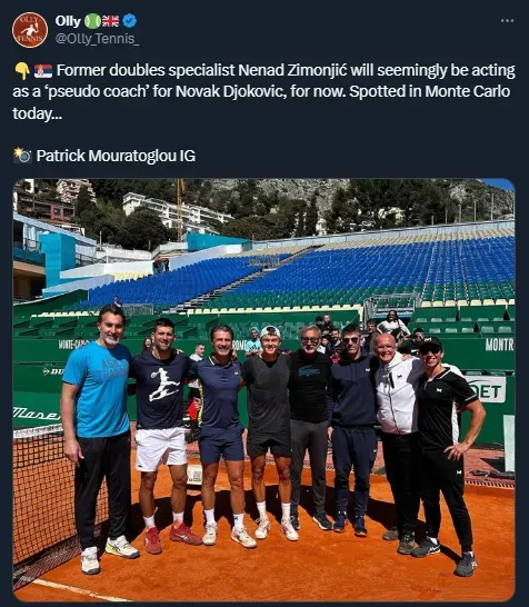 Djokovic, junto a Zimonjic y equipo de trabajo en Montecarlo (Twitter @Olly_Tennis_).