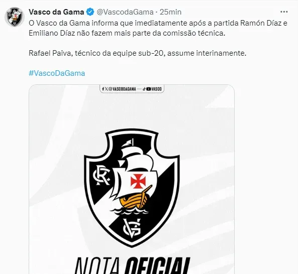 El tuit con el que Vasco da Gama confirmó la salida de Ramón Díaz.