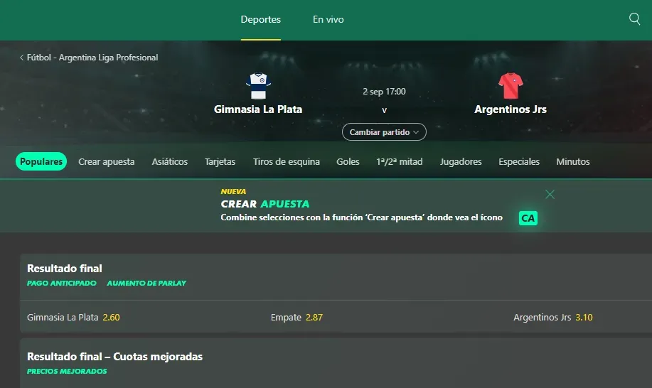 Tipos de apuestas- Captura realizada el 02/09/2024 de la página bet365