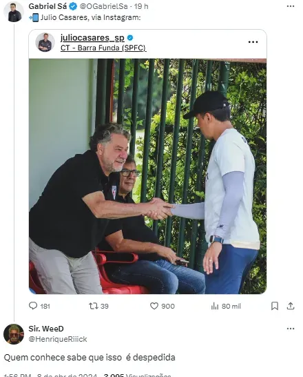 Presidente Julio Casares posta foto cumprimentando o técnico Thiago Carpini e torcida crava o futuro do treinador | Foto: reprodução