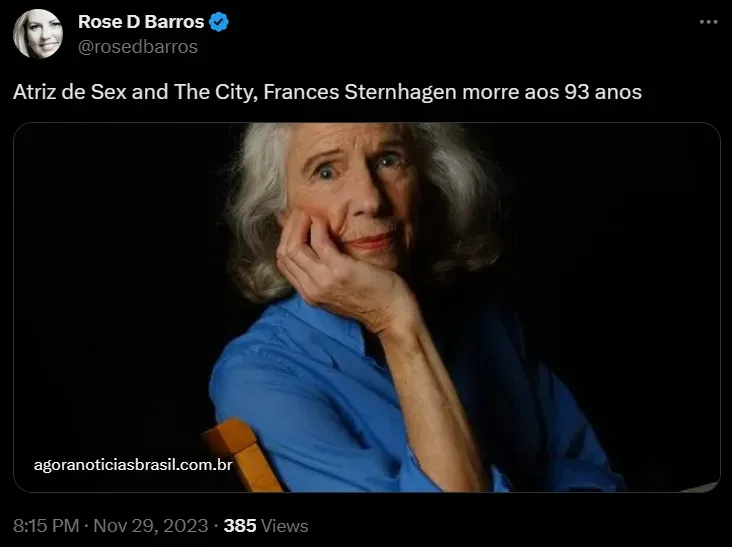 Morre Frances Sternhagen Atriz De Sex And The City E Plantão Médico