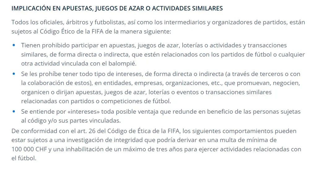 Reglamentación de la FIFA sobre las apuestas (Página oficial de la FIFA)