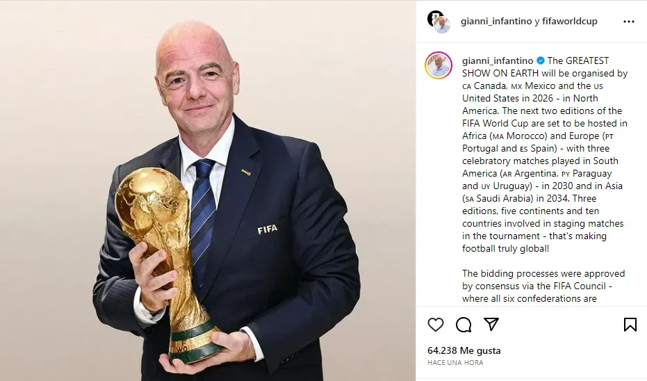 Gianni Infantino confirmó a Arabia Saudita como sede para el Mundial 2034 (Instagram oficial).
