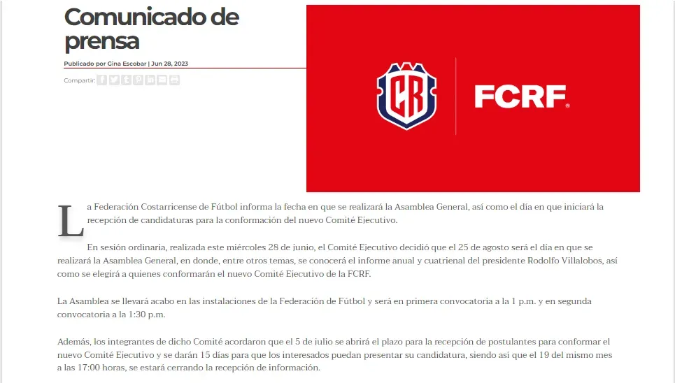 El comunicado de prensa que lanzó la Fedefútbol.