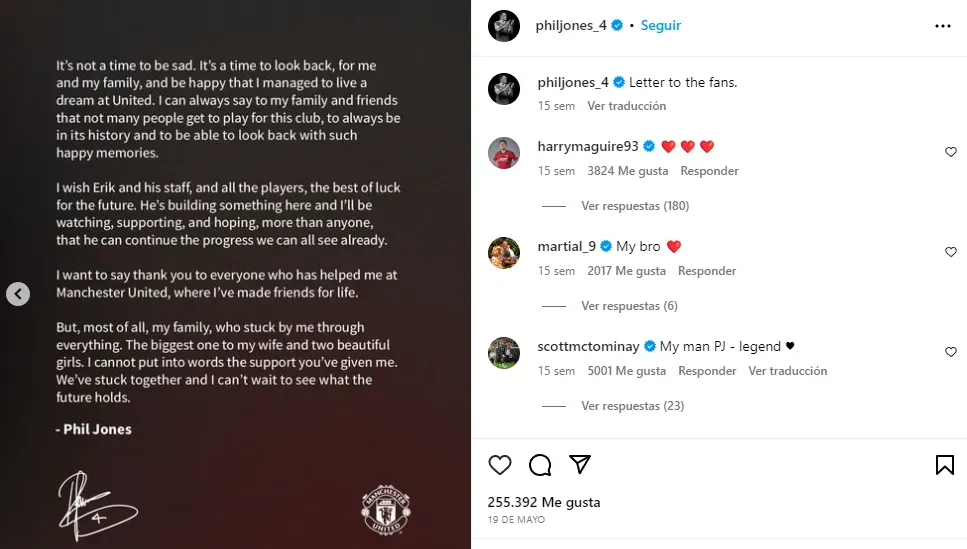 Parte de la carta de Phil Jones anunciando su salida del United.