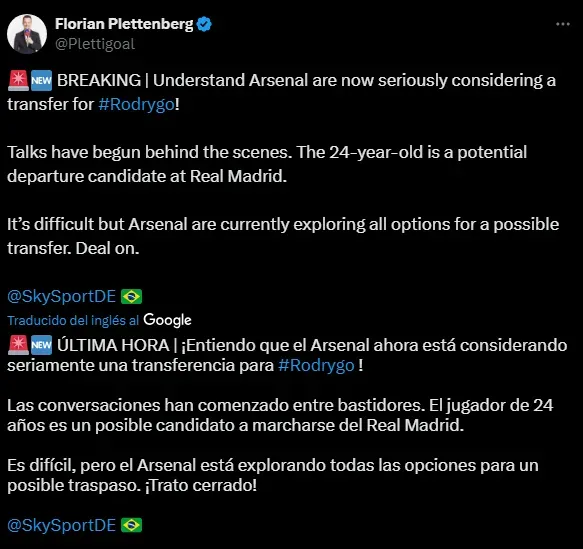 Arsenal entra a la carrera por Rodrygo (Foto: X).
