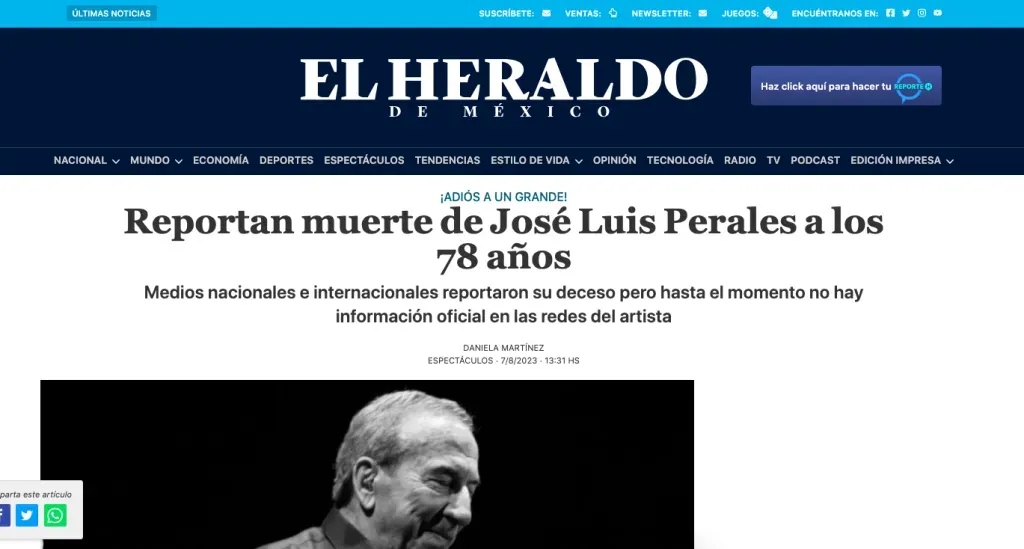 El Heraldo de México fue uno de los primeros medios en reportar el deceso del cantante.