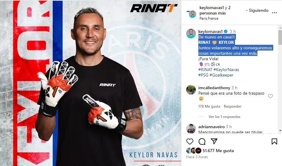 El anuncio de la vuelta de Keylor Navas con Rinat. (Foto: Instagram)