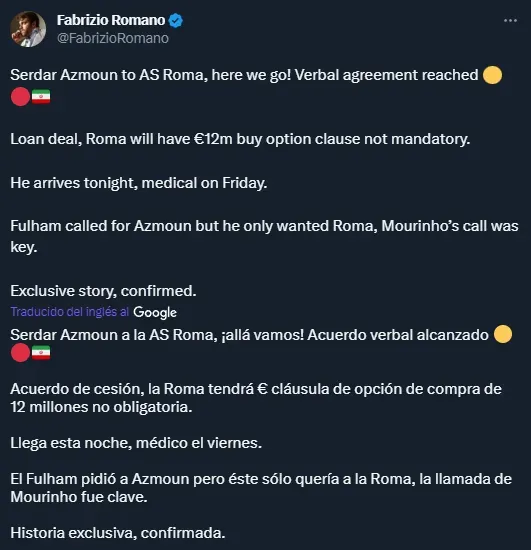 Azmoun, nuevo jugador de Roma (Twitter @FabrizioRomano).