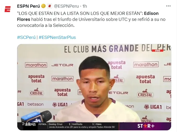 Edison Flores le respondió a Juan Reynoso. | Créditos: Twitter @ESPNPeru.