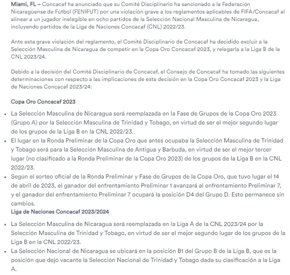La decisión del Comité Disciplinario de Concacaf contra Nicaragua.