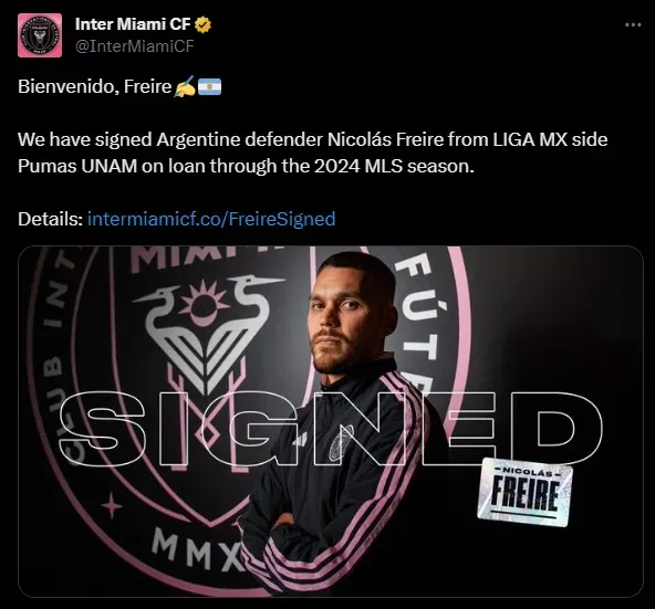 Nicolás Freire fue el último refuerzo presentado por Inter Miami.