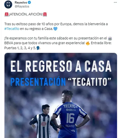 Publicación de Rayados para la presentación del Tecatito, este sábado (Twitter)