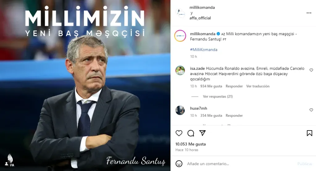 El anuncio oficial de Azerbaiyán con Fernando Santos (Instagram @affa_official).