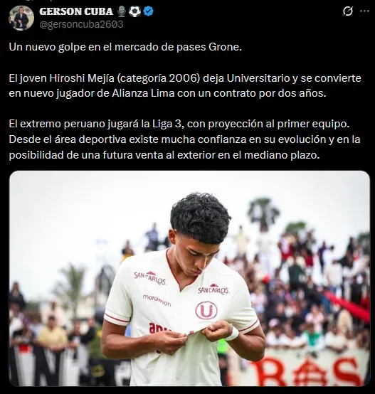 Hirosi Mejía fichó por Alianza Lima (Foto: X).