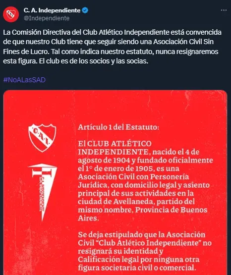 Independiente, también en contra de las SAD.