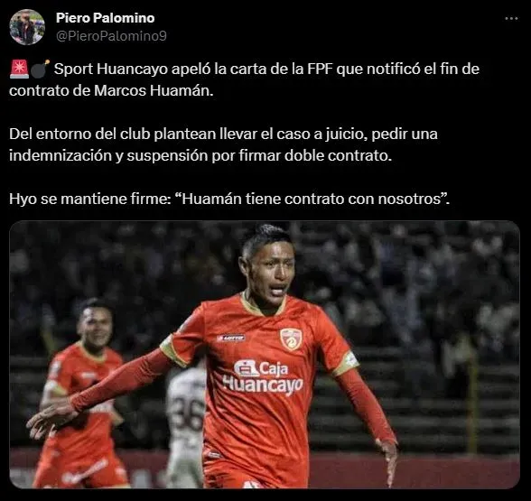 Información reciente sobre Marcos Huamán. (Foto: Twitter).